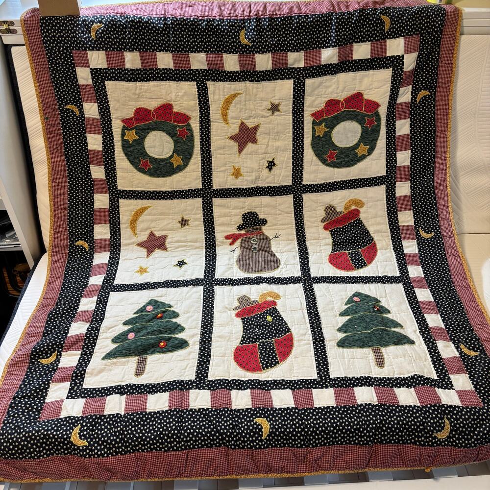 Handmade Christmas Throw Quilt Applique Snowman Tree Stocking Primitive